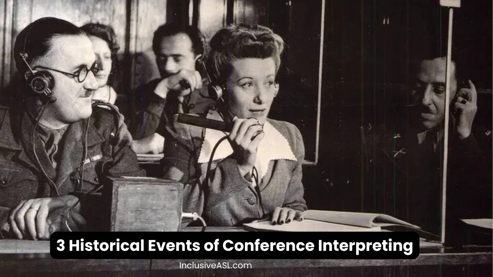 Capt. Macintosh of the British Army translates from French into English, while Margot Bortlin translates from German into English and Lt. Ernest Peter Uiberall monitors the translations at the Nuremberg trials after World War II