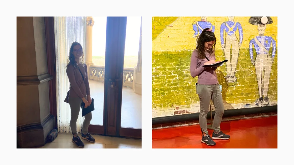 Collage of  two pictures. On the left, Rebecca stands indoors by a window holding the printed transcript. On the right, Rebecca is reading the transcript in front of a mural.