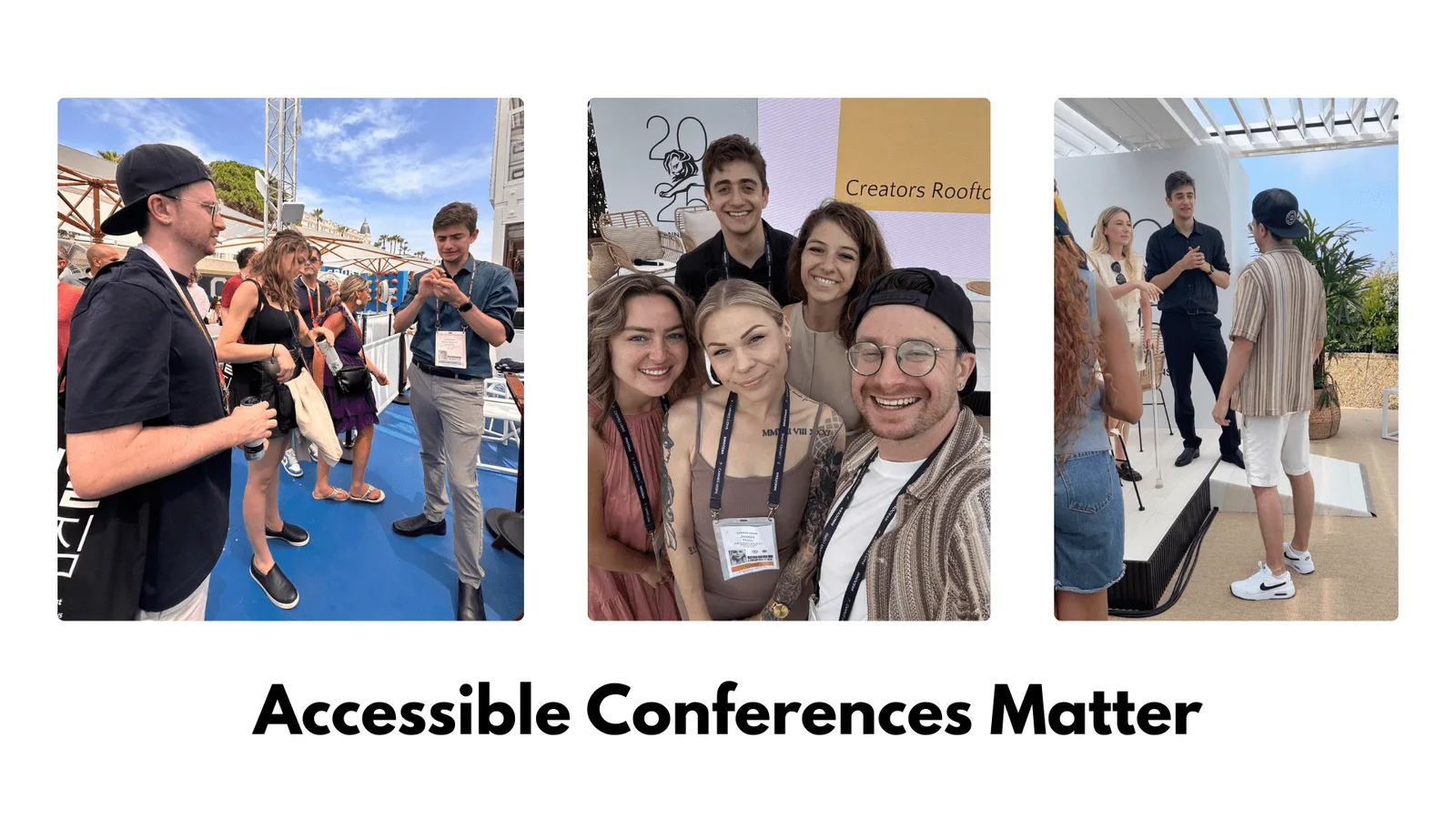 A series of three images featuring Inclusify Studios. The first and third images show Patrick watching the ASL interpreter while networking at the festival. The middle image is a group photo of Patrick, his team, and the ASL interpreter team.