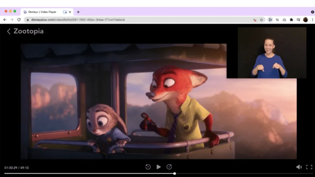 A web browser view of Disney+'s Zootopia with an ASL interpreter in the upper right-hand corner. 