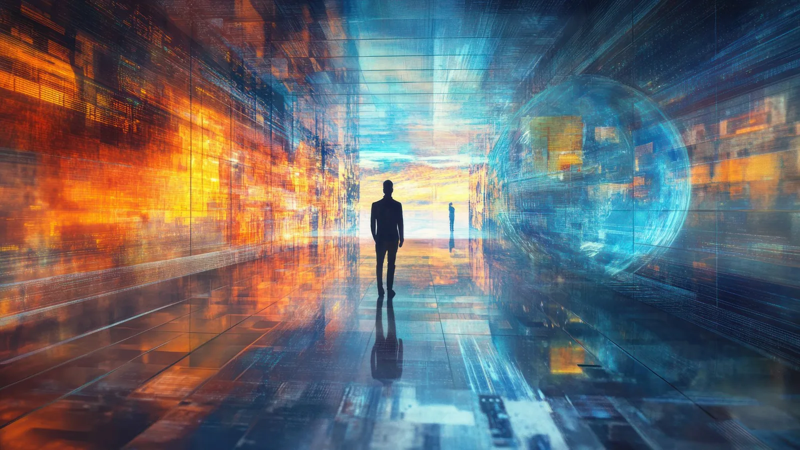 Alt Text: Futuristic and colorful corridor with digital patterns and two silhouetted figures.
