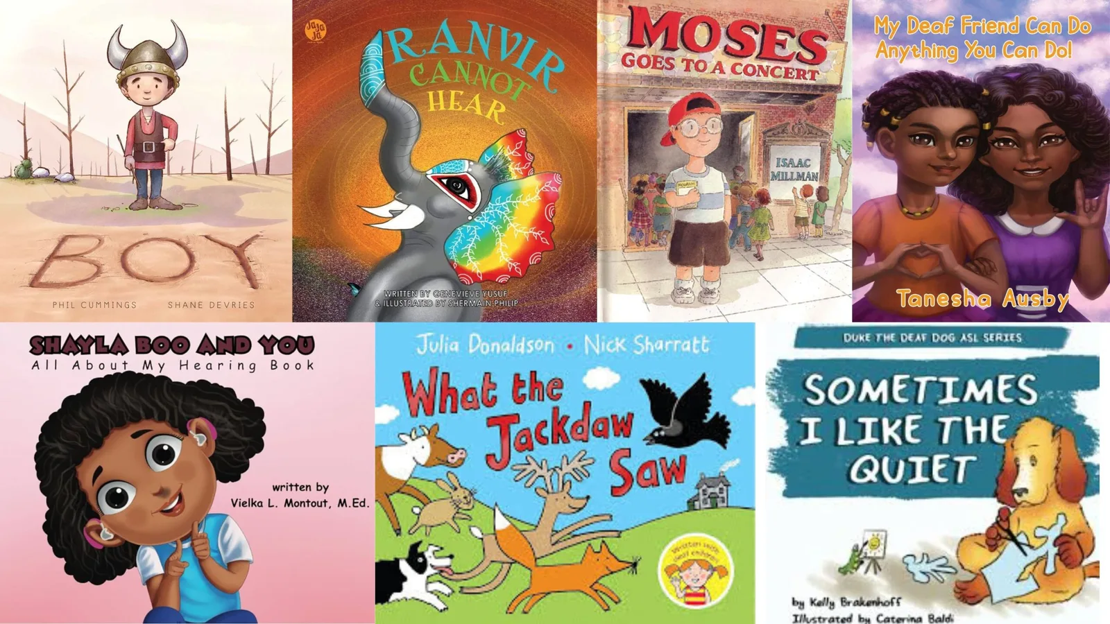 The children's book covers of the 7 stories about deaf characters.