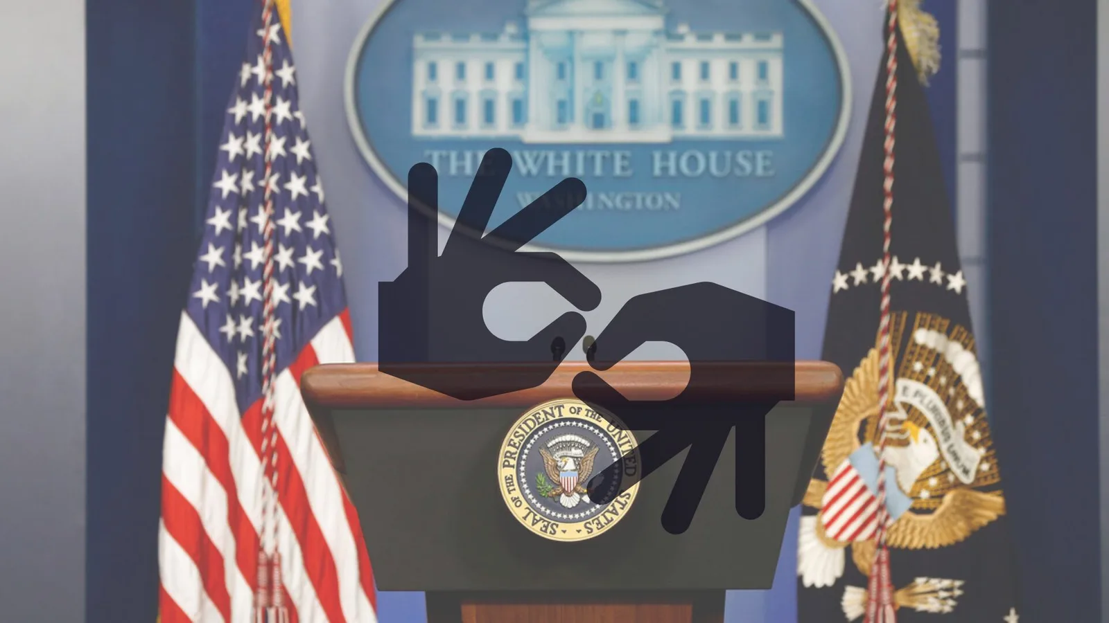 Podium with presidential seal and in the White House West Wing with the icon for "interpreter." | Getty Images
