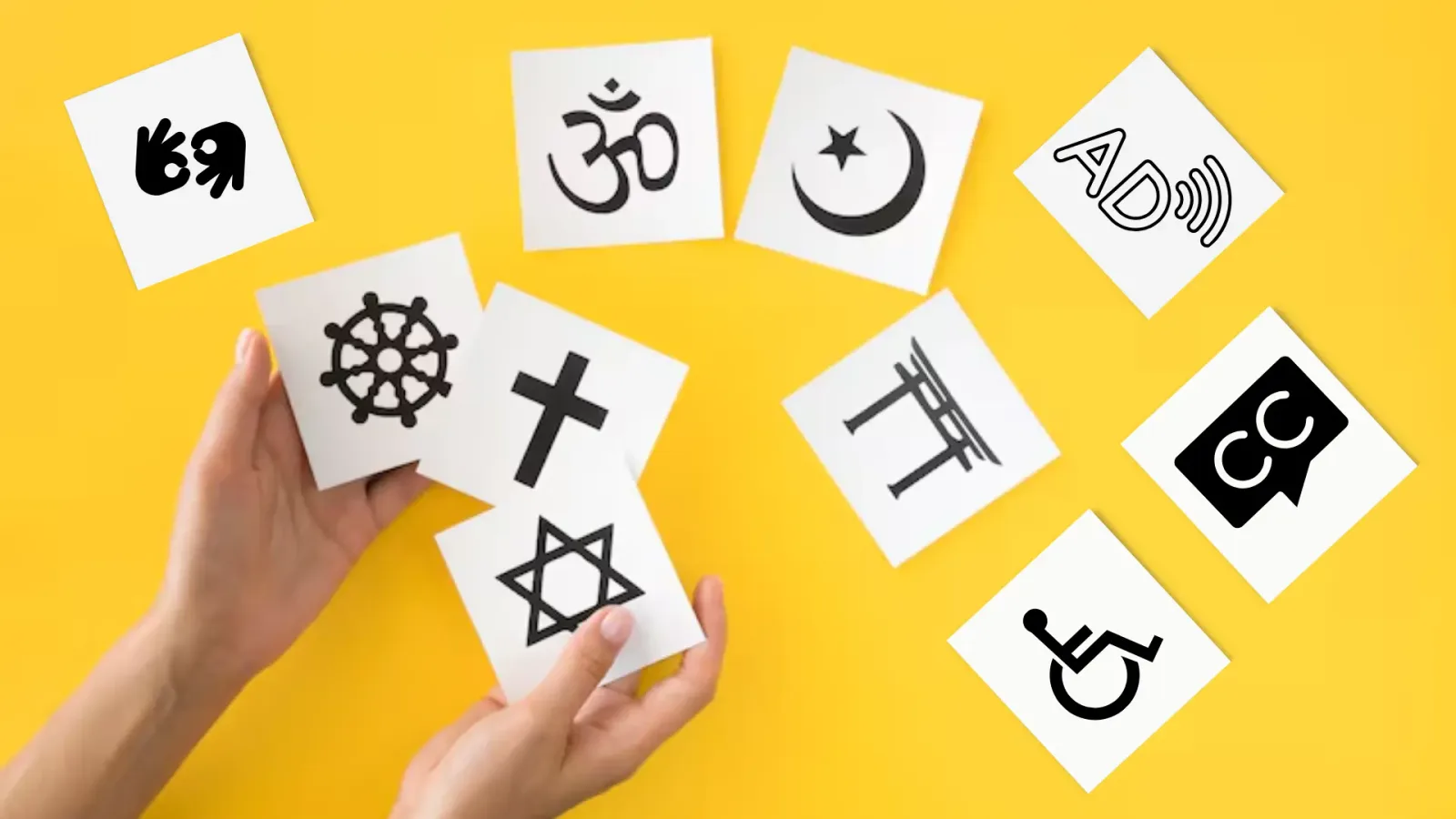 Cards with various religious and accessibility symbols on a yellow background.