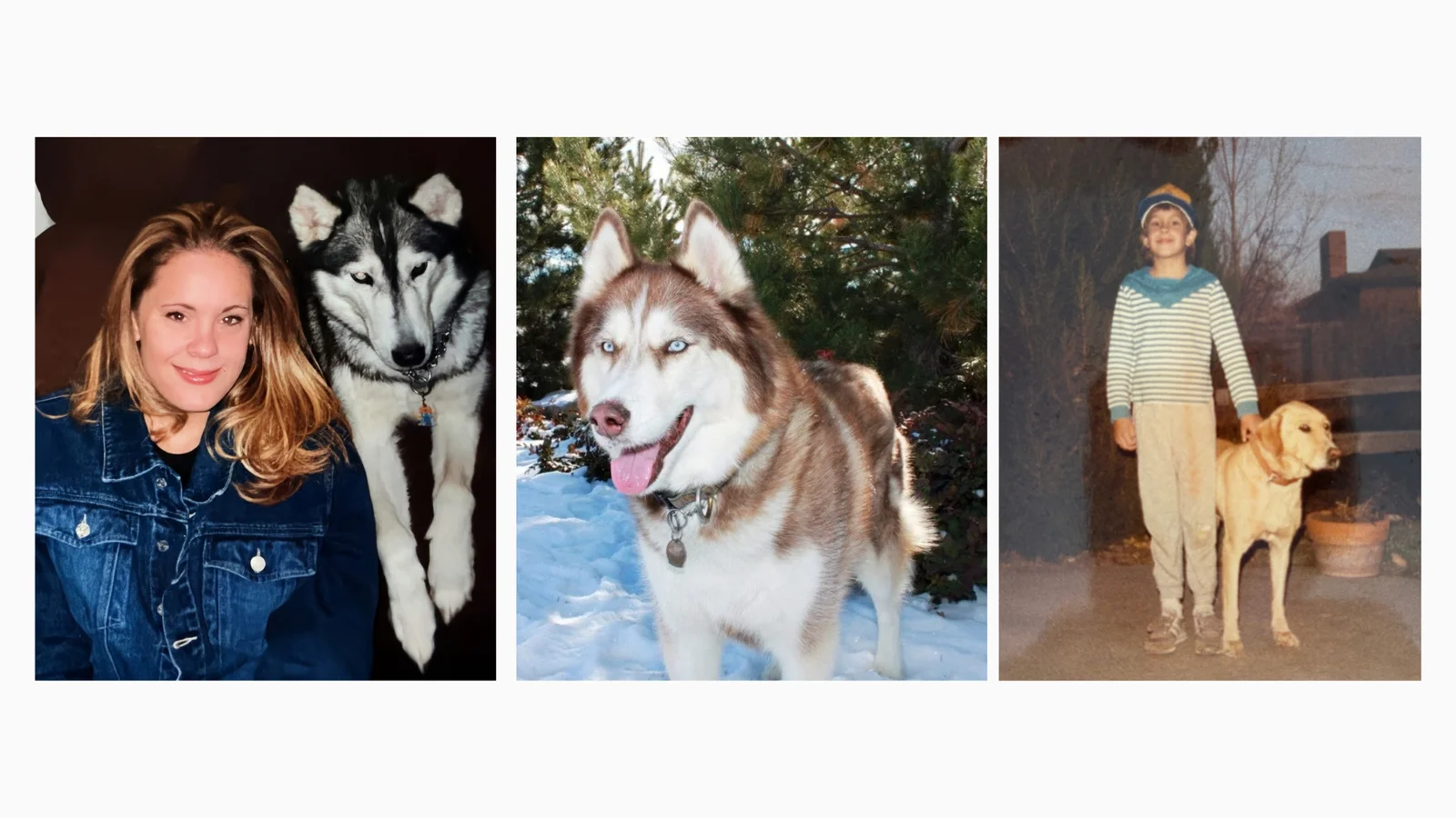 Three side-by-side photos of Nicki Runge's real-life dogs: adult Nicki in a denim jacket smiling beside a black-and-white husky; a red-and-white husky with bright blue eyes standing in the snow; and a vintage photo of Nicki as a young child in a striped sweater and cap standing beside a yellow Labrador.