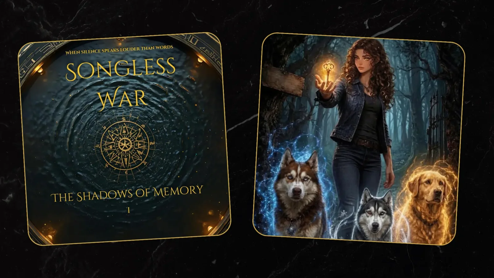 Promotional art for Songless War: The Shadows of Memory by Nicki Runge. On the left, the gold-lettered book cover with a glowing rune compass over dark rippling water and the tagline 'When silence speaks louder than words.' On the right, Mary, a young woman with long curly hair in a denim jacket, holds a glowing golden key in a shadowy forest, flanked by three guardian dogs — two huskies and a golden retriever — glowing with blue, silver, and golden light.