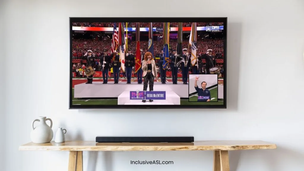 A television screen displays the Super Bowl national anthem performance from 2024 with Reba McEntire singing in front of a military honor guard. In the bottom right corner, a picture-in-picture (PIP) ASL performer Daniel Durant signs the song. The screen is mounted on a wall above a wooden shelf with decorative vases, and the website "InclusiveASL.com" is visible at the bottom.