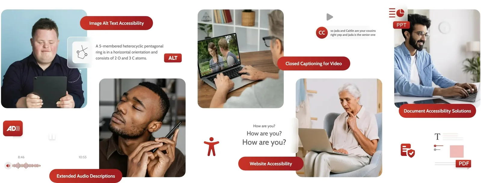 Collage showing digital accessibility features such as captions, audio descriptions, alt text, and accessible documents.
