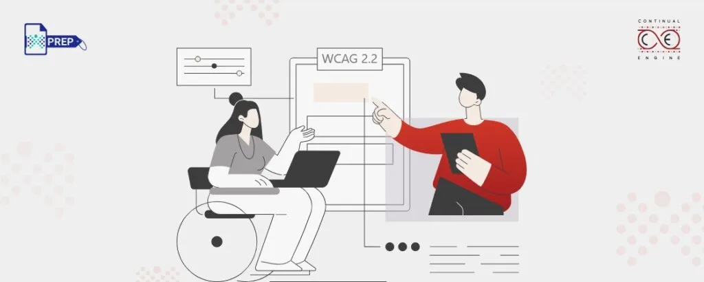 Illustration of two people reviewing WCAG 2.2 accessibility guidelines on a digital interface, including a wheelchair user working on a laptop.