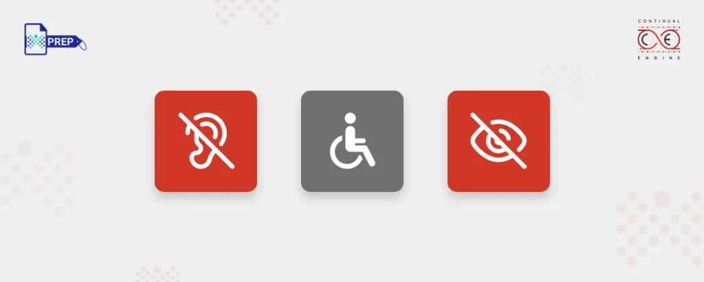 Accessibility icons representing hearing, mobility, and visual impairments on a light background.