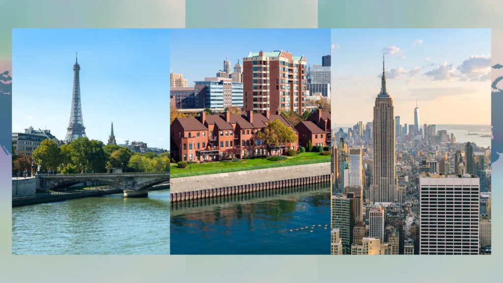 Three images comparing the cities Paris, Buffalo, and New York.