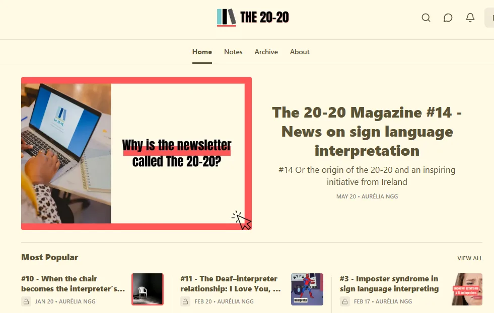 Screenshot of The 20-20 newsletter homepage.