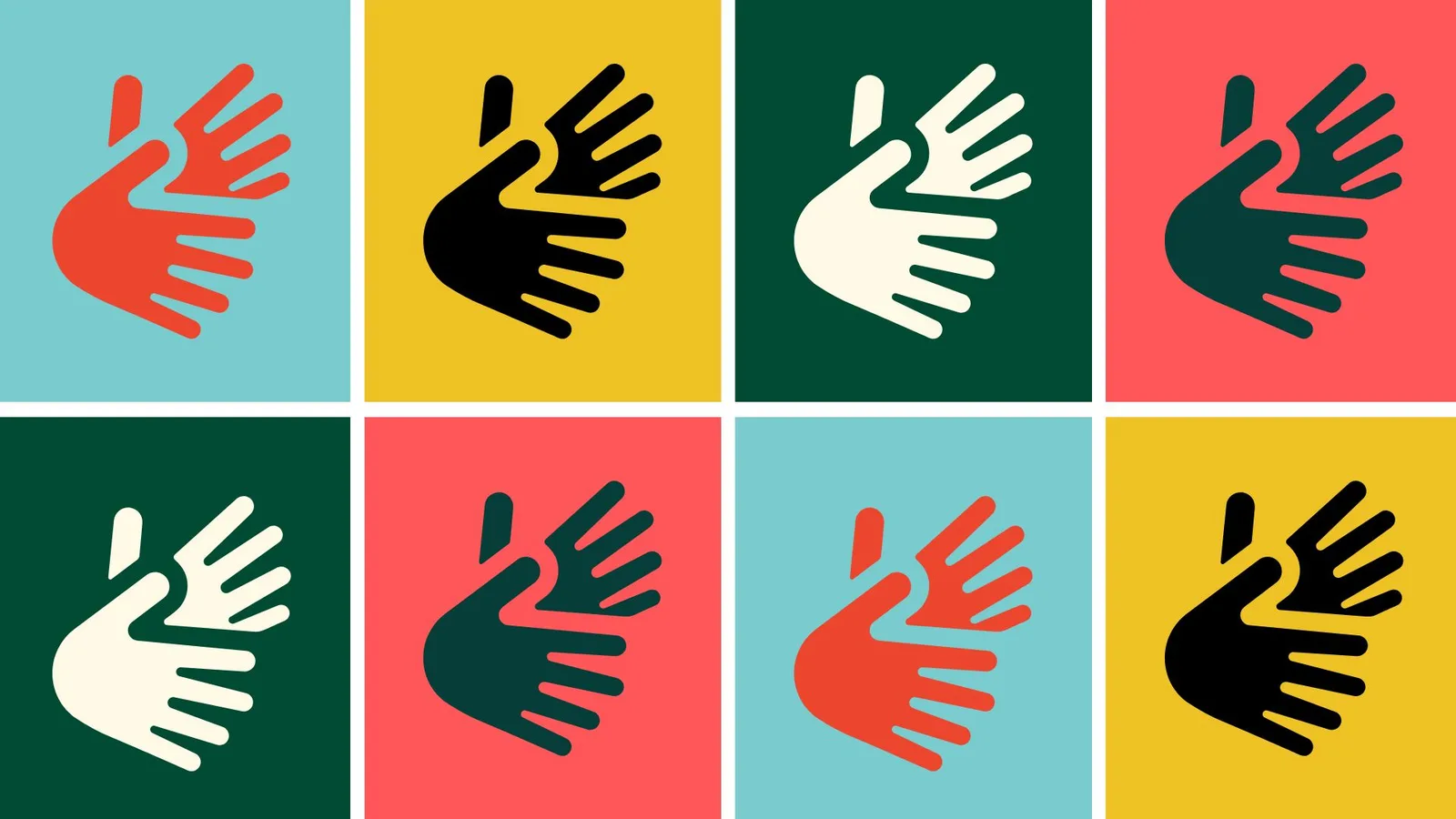 A pop culture styled grid of the icon for "International Sign" with the colors pink, blue, green, white, and yellow.